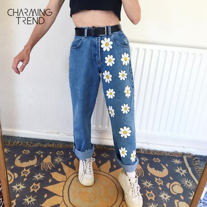 Women Chic Jean Flower Straight Blue Vintage Street Pants