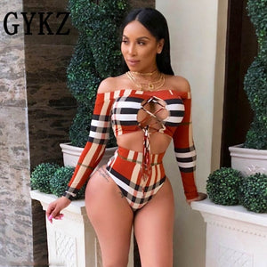 2020 Thong African Print Bandage Long Sleeve High Waist Bathing Suit Monokini