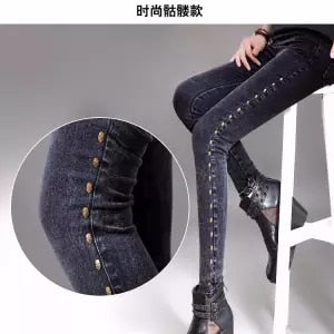 Autumn and winter plus size side stripe rivet pure black full length tight pencil women's plus velvet thick stretch feet jeans