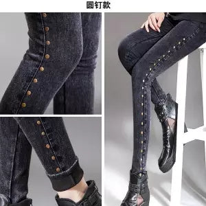 Autumn and winter plus size side stripe rivet pure black full length tight pencil women's plus velvet thick stretch feet jeans