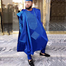 Load image into Gallery viewer, H&amp;D 2019 men african clothes tops pants 3PCS agbada suit long sleeve formal attire embroidery pattern with stones robe africaine