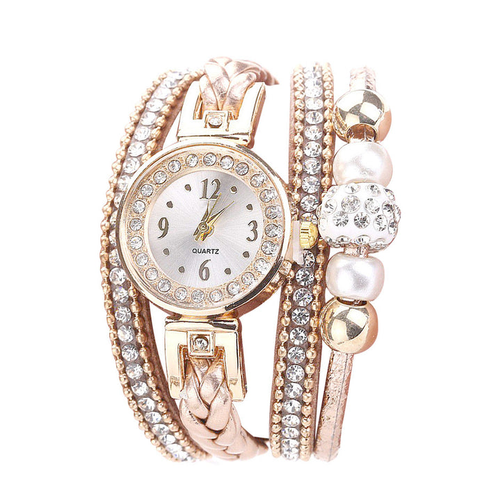 Woman Watch Fashion Leather Band Analog Quartz Round Wrist Watches Rhinestone bracelet watch