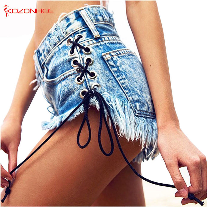 Snowflake Inelastic Women High Waist Straps Tassel Denim Shorts