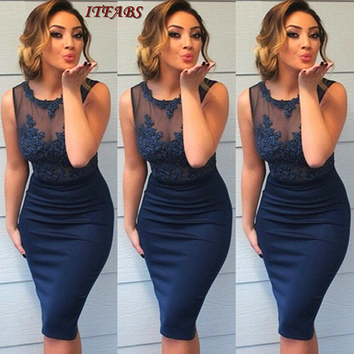 Women Evening Party Knee Length Blue Lace Dress
