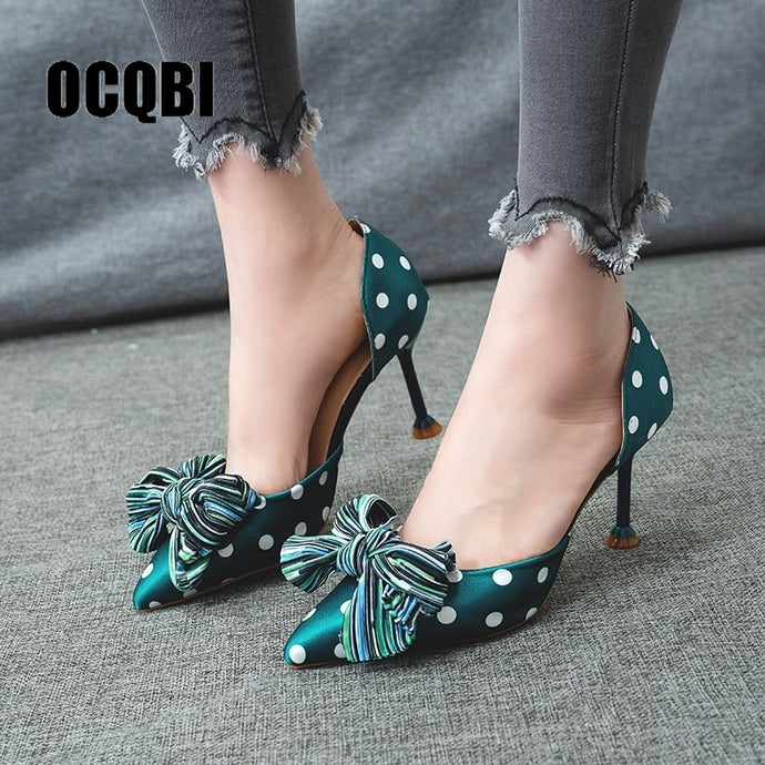 Girls' Cotton Fabric Sandals High Heels Women Bow knot Polka Dots Summer Sexy Stiletto High Heels Shoes