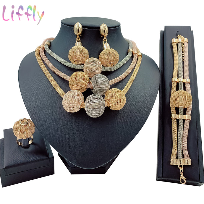 Gold Jewelry Set for Women Nigerian Choker Necklace Statement Three Tone Layered Earrings Ring Bracelet