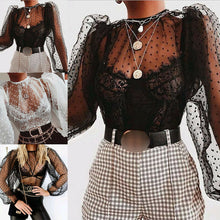 Load image into Gallery viewer, Women Mesh Sheer See-through Polka Dot T Shirt Tops Long Sleeve Puff Sleeve O Neck T-shirts Perspective Tops