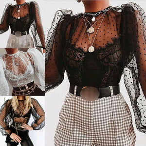 Women Mesh Sheer See-through Polka Dot T Shirt Tops Long Sleeve Puff Sleeve O Neck T-shirts Perspective Tops