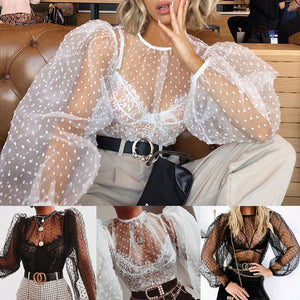 Women Mesh Sheer See-through Polka Dot T Shirt Tops Long Sleeve Puff Sleeve O Neck T-shirts Perspective Tops