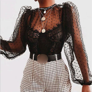 Women Mesh Sheer See-through Polka Dot T Shirt Tops Long Sleeve Puff Sleeve O Neck T-shirts Perspective Tops