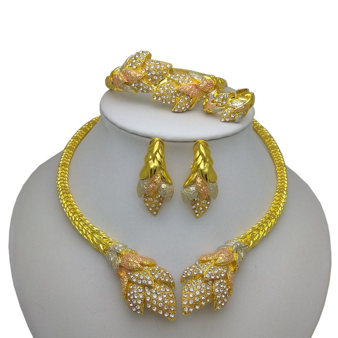 Gold Color Jewelry Sets For Women African Necklace Earrings Bracelet Rings For Party Wedding Bridal Accessories