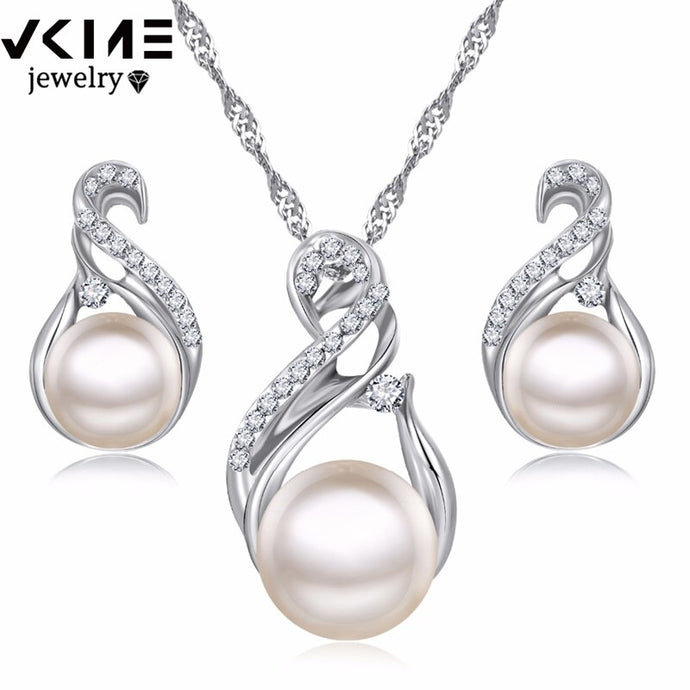Jewelry Sets Wedding Silver Color Earrings Simulated Pearl Jewelry Set Women Necklace Set