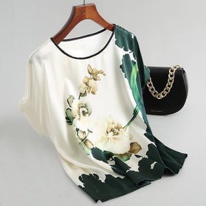 Fine Looking Silk Satin Blouses Vintage Style Print Floral Blouse for Ladies