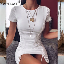 Load image into Gallery viewer, Women Pleated Drawstring Short Sleeve Skinny Mini Party Dress