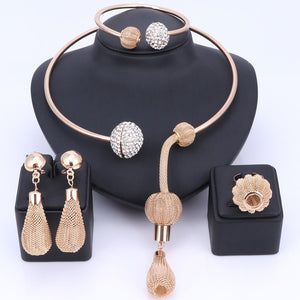 Charm Dubai Gold Color Crystal Jewelry Sets For Women African Pendant Necklace Earrings Bangle Rings