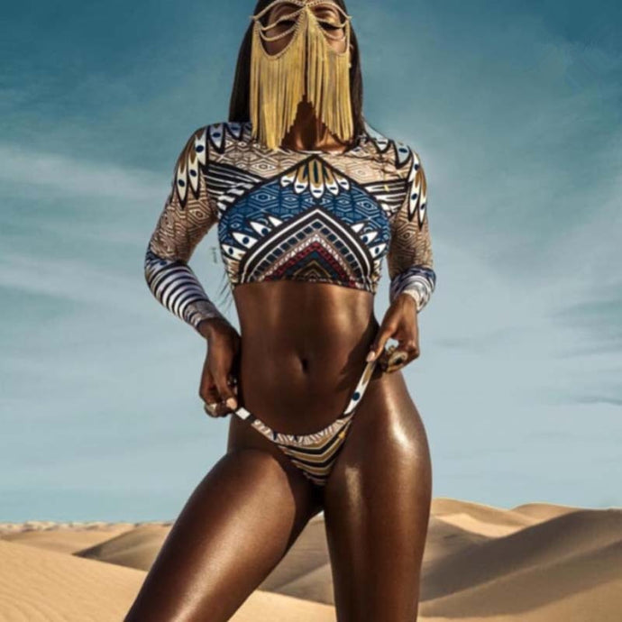 Print Tribal  Long Sleeve Thong Bikini  African Fashion