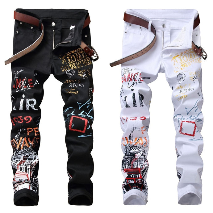 High Street Fashion Mens Jeans Night Club Black White Color Personal Designer Printed Jeans Men Punk Pants Skinny Hip Hop Jeans