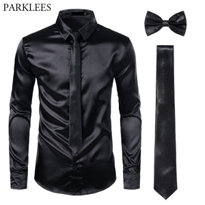 Black Men Silk Dress Shirts 3 Piece (Shirt +Tie+Bow tie) Smooth Satin Slim Fit Casual Shirts