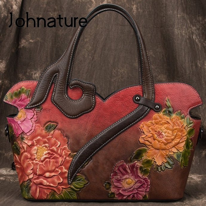 Johnature Handmade Embossing Retro Luxury Handbags Women Bags Designer 2020 New Genuine Leather Shoulder & Crossbody Bags