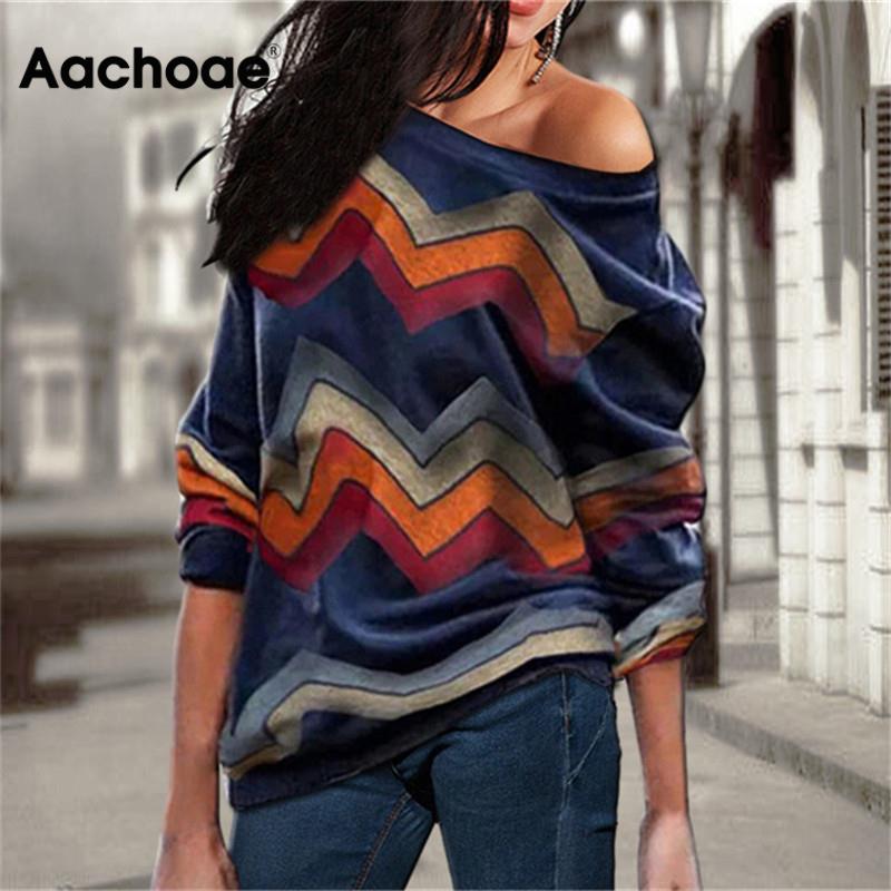 Women Blouses Off Shoulder Tops Striped Print Pullover Jumpers Casual Knitted Tops Long Sleeve Blouse Shirt Camiseta Mujer