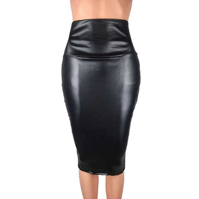 Women Spring Faux Leather Skirt High Waist Knee Length Split Skirt