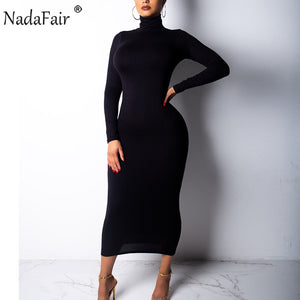 Women Turtleneck Long Sexy Body Con Long Sleeve Solid Midi Dress