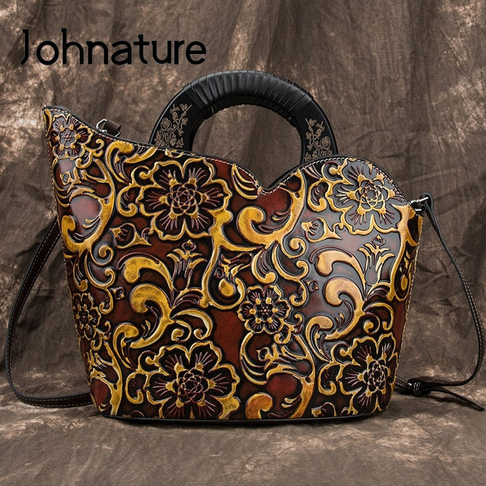 Johnature Retro Luxury Handbags Women Bags Designer 2020 New Genuine Leather Casual Tote Embossing Large Capacity Shoulder Bags