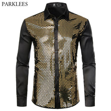 Load image into Gallery viewer, Shiny Gold Sequin Black Silk Dress Shirts Men Long Sleeve Button Down Shiny Disco Party Shirts Male Nightclub Party Prom Chemise