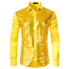 Load image into Gallery viewer, Shiny Gold Sequin Black Silk Dress Shirts Men Long Sleeve Button Down Shiny Disco Party Shirts Male Nightclub Party Prom Chemise