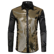 Load image into Gallery viewer, Shiny Gold Sequin Black Silk Dress Shirts Men Long Sleeve Button Down Shiny Disco Party Shirts Male Nightclub Party Prom Chemise