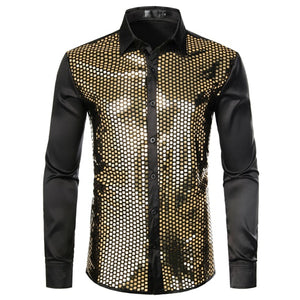 Shiny Gold Sequin Black Silk Dress Shirts Men Long Sleeve Button Down Shiny Disco Party Shirts Male Nightclub Party Prom Chemise