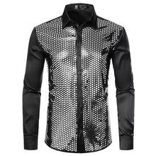 Load image into Gallery viewer, Shiny Gold Sequin Black Silk Dress Shirts Men Long Sleeve Button Down Shiny Disco Party Shirts Male Nightclub Party Prom Chemise