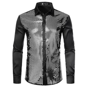 Shiny Gold Sequin Black Silk Dress Shirts Men Long Sleeve Button Down Shiny Disco Party Shirts Male Nightclub Party Prom Chemise