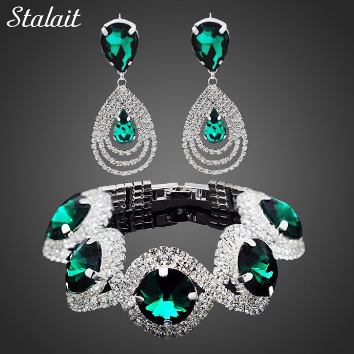 Fashion Wedding Bridal Jewelry Sets For Women Rhinestone Austrian Crystal Jewelry Set Bracelet Earrings Set Indian Accessories