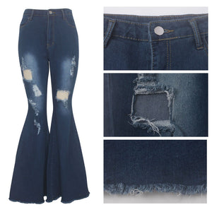 Women Ripped High Waist Wide Leg Bell-Bottoms Jeans