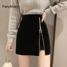 Load image into Gallery viewer, FairyShely Black Zipper Mini Skirt Women Velvet Short Pencil Skirt Ladies 2020 Fashion Office Work High Waist Skirts