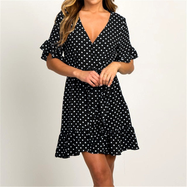 Beach Fashion Short Sleeve V-neck Polka Dot A-line Party Sundress