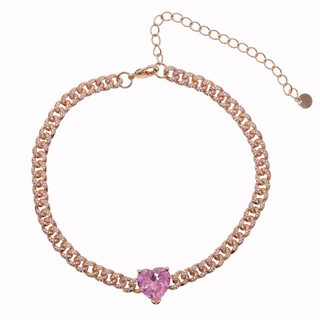 Romantic Pink Iced Out Big Heart Chokers Necklaces Silver/Rose Gold Cuban Link With Mini Cubic Zircon Chain Women Neck Jewelry