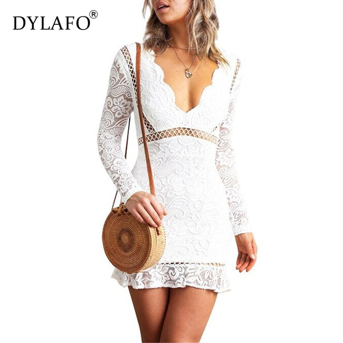 Women Ruffles Lace Deep V-Neck Mini White Beach Dresses