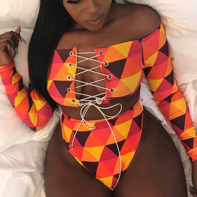 Print Bandage Plus Size Women Long Sleeve High Waist Bathing Suit