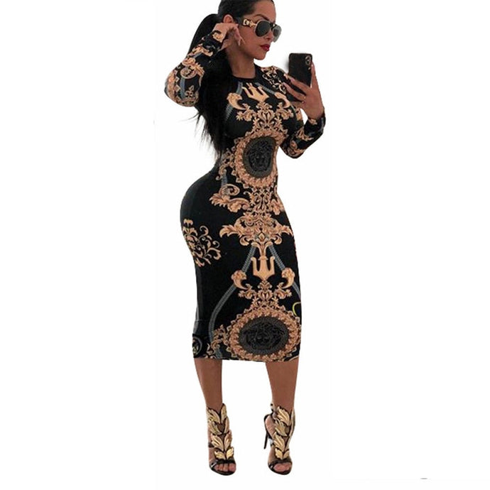Women Casual O-neck Print Long Sleeve Bodycon Party Long Dress Ladies Sexy Striped Clubwear Dresses