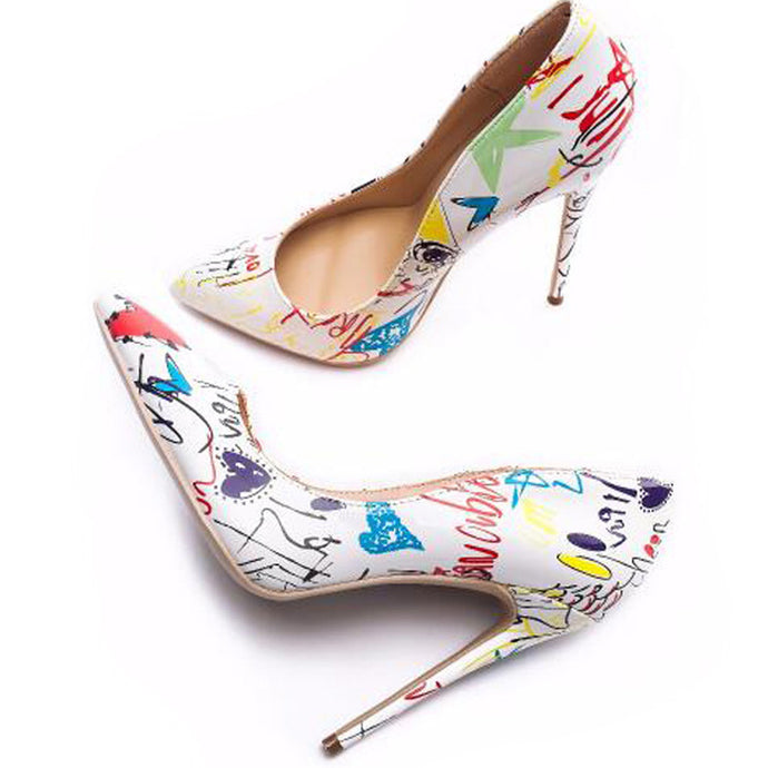 Women Heels Graffiti Colorful Women Pumps Fashion Sexy High Heels Pointed Toe Party Wedding Shoes Stiletto