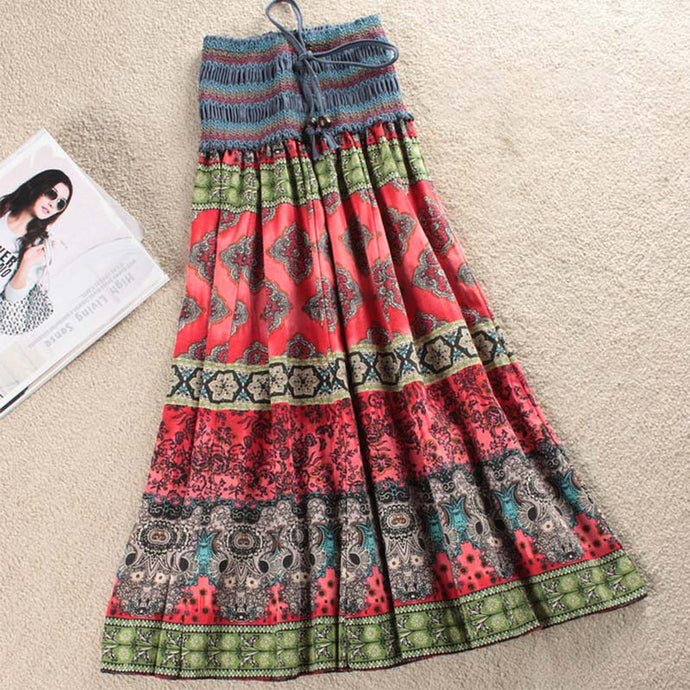 Boho Floral A-line Women's Maxi Skirt Elastic High Waist Sashes Vintage Pleated Skirt