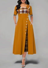 Load image into Gallery viewer, Plaid Print Button Maxi Dress Half Sleeve Round Party Dress Woman