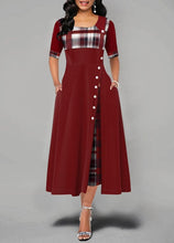 Load image into Gallery viewer, Plaid Print Button Maxi Dress Half Sleeve Round Party Dress Woman