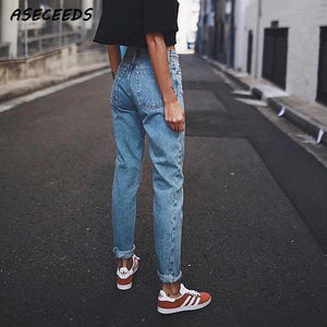 Ladies boyfriend jeans for women mom high waist blue casual pencil denim pants