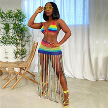 Load image into Gallery viewer, ANJAMANOR Rainbow Crochet Tassel Sexy 2 Piece Set Crop Top and Skirt Beach Party Club Birthday Outfits for Women D48-AC97