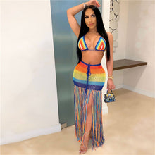 Load image into Gallery viewer, ANJAMANOR Rainbow Crochet Tassel Sexy 2 Piece Set Crop Top and Skirt Beach Party Club Birthday Outfits for Women D48-AC97