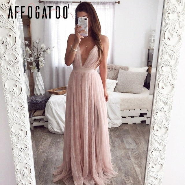 Deep v neck backless summer Lace Evening Maxi Party Women Dress
