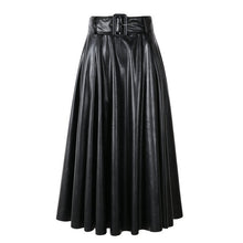 Load image into Gallery viewer, New Fashion Women Autumn Winter PU Faux Leather Skirts Lady High Waist A-line Midi Mid-calf Maxi Long Black Skirt With Belt